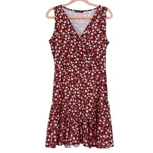 Fensace Womens Red With Yellow Floral Sun Dress Sleeveless Teared Skirt